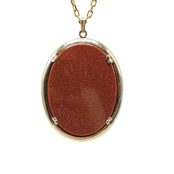 Goldstone Pendant Necklace With Gold Tone Chain Vintage 15 in - Picture 1 of 5